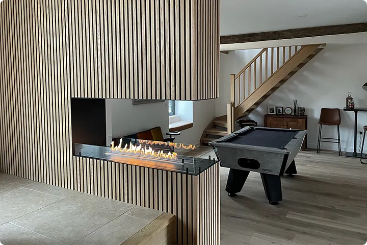  3 faces bioethanol fireplaces placed on the wall in modern interior