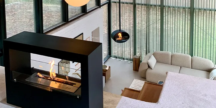Wall mounted bioethanol fireplaces placed on the wall in modern interior