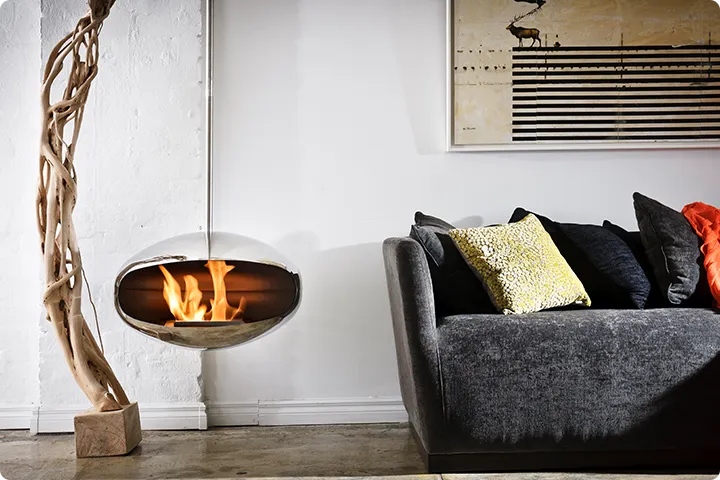 Ceiling mounted bioethanol fireplaces suspended from ceiling in modern interior