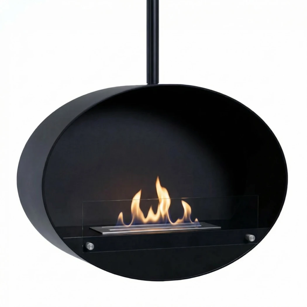 ScandiFlames - Lareira a Bioetanol Suspensa Halifax Black Oval - 80 cm - Aço Revestido a Pó Preto - Altura Ajustável - Vidro de Segurança Incluído