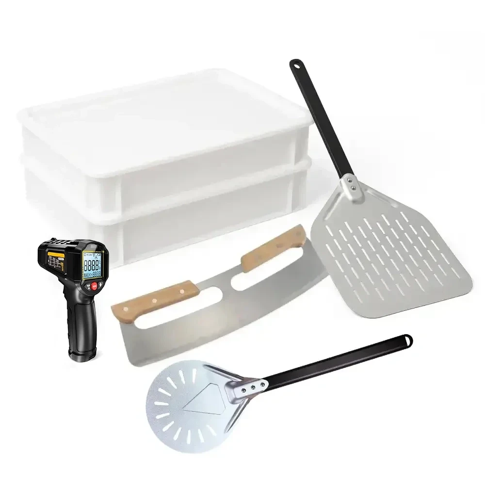 Conjunto de Iniciante para Pizzas – Pizzaiolo | Pá de Pizza + Cortador de Pizza + Termómetro Infravermelho + 2x Caixas para Fermentação de Massa com 