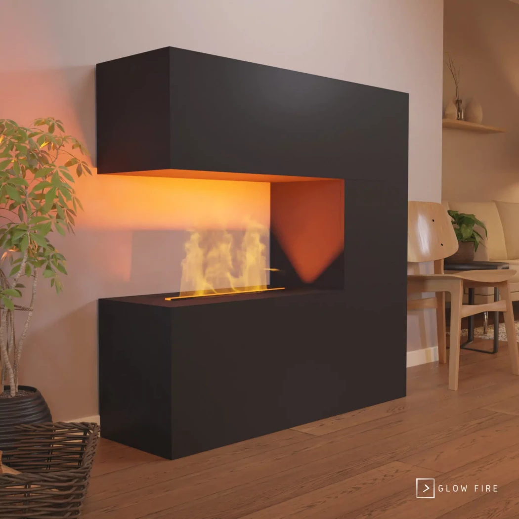 Glow Fire Schiller Preto - OMC 600 | Lareira a Vapor de Água Independente – 120 cm x 120 cm x 38 cm