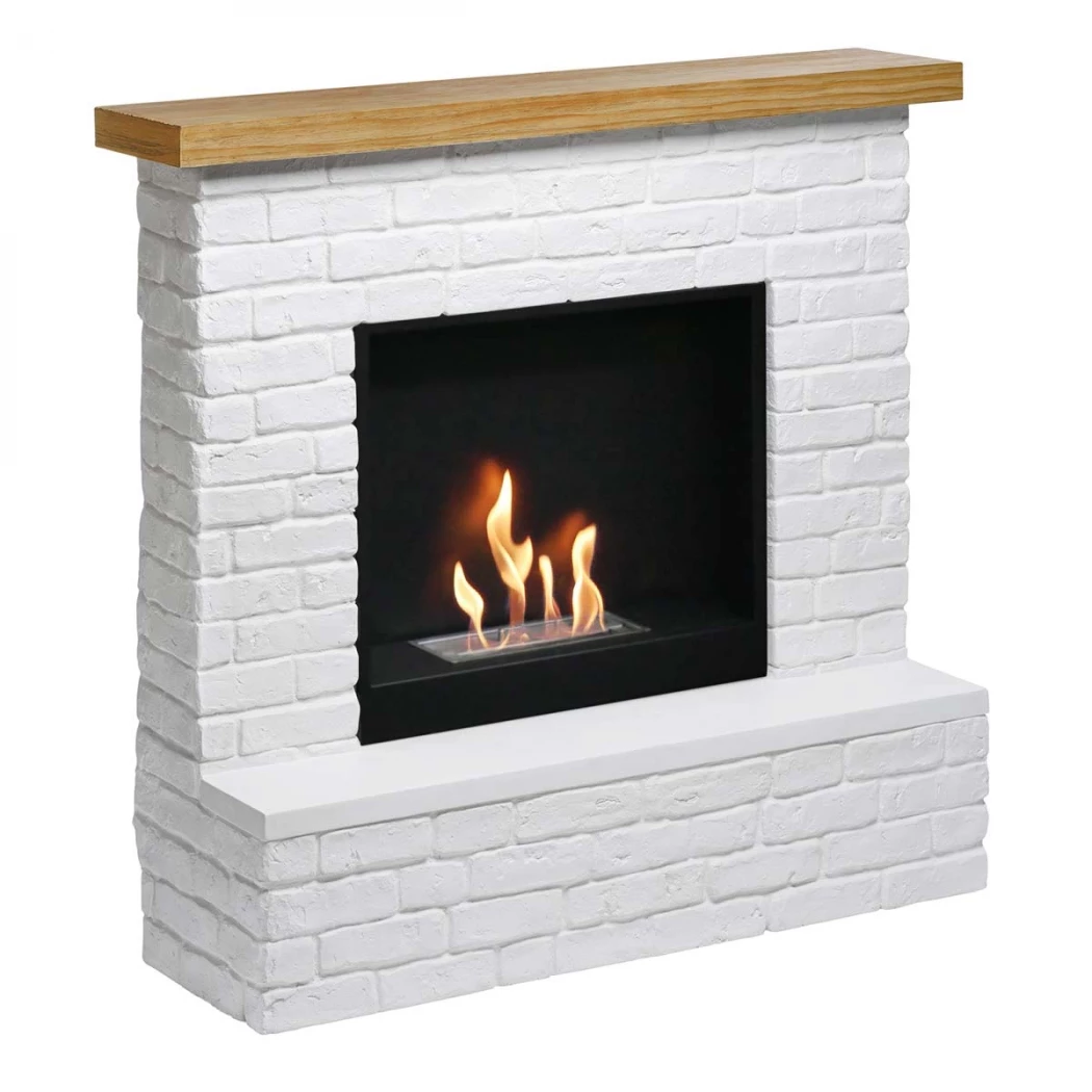 Lareira de Bioetanol Rolf White Brick – Topo em Carvalho Artesanal, Queimador de 2L, Potência de 3 kW