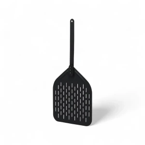 Pá de pizza de alumínio anodizado preto com superfície perfurada de 33 cm e cabo removível