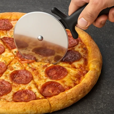 Cortador de pizza em aço inoxidável com cabo ergonómico preto – lâmina de 10 cm