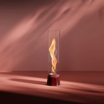 Höfats SPIN Air 1200 - Lareira de mesa a bioetanol vermelha com vidro cilíndrico alto.