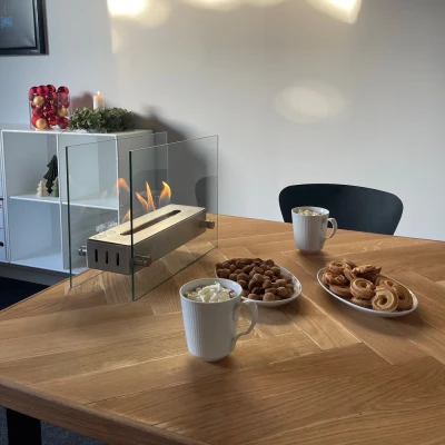 Kensington - Lareira a bioetanol de mesa em aço e vidro | Lareira a bioetanol Lareira a bioetanol de mesa com vidro e queimador de 0,7 litros