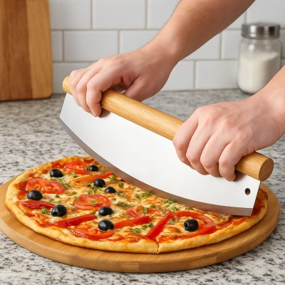 Cortador de pizza curvado em aço inoxidável com cabo de madeira
